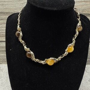 THERMOSET LUCITE MOONGLOW & RHINESTONE NECKLACE Vintage BUTTERSCOTCH Retro MCM